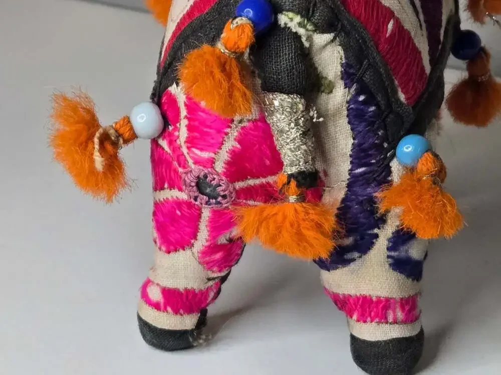Vintage Handcrafted Indian Folk Art Patchwork Embroidered Beaded Elephant Figure
